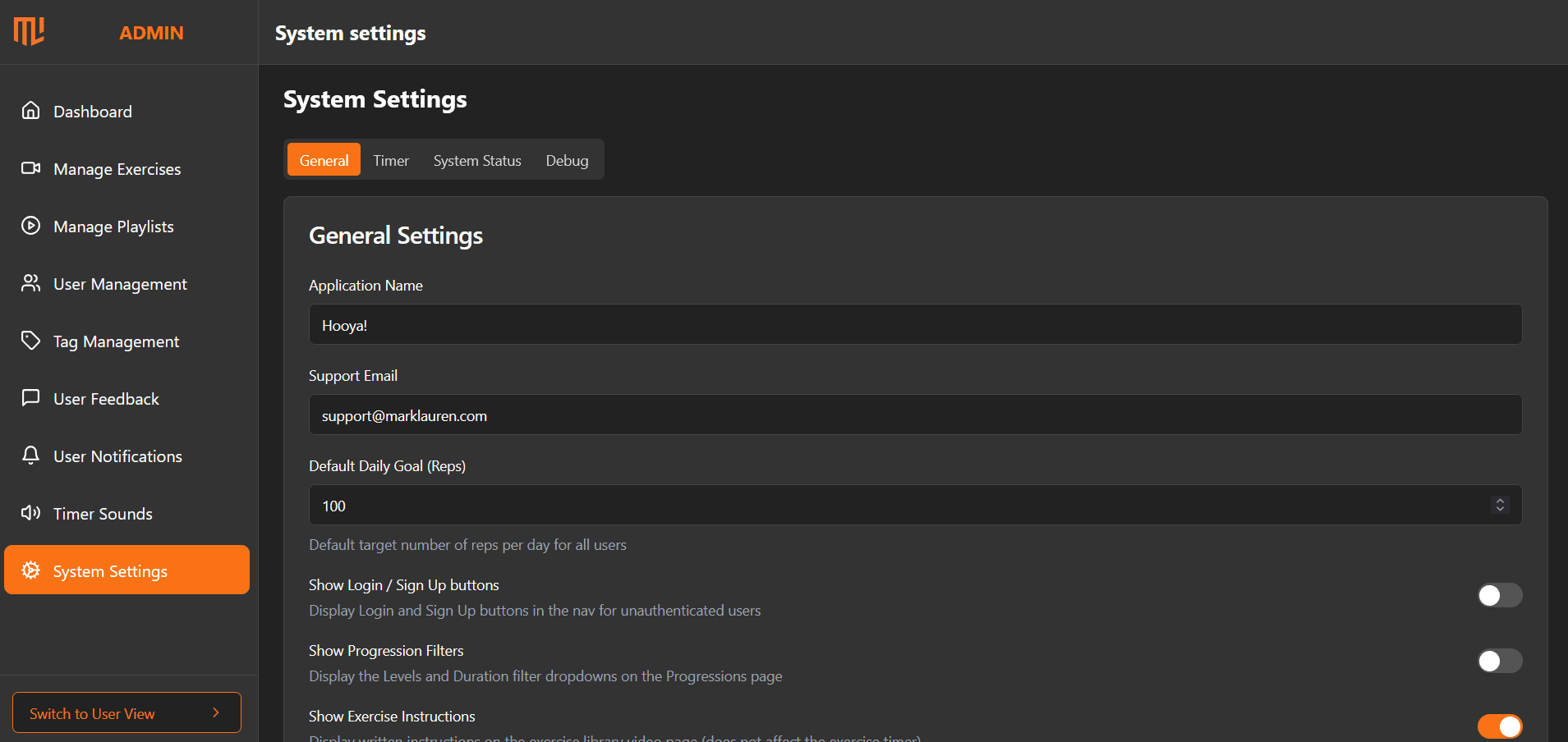 Hooya! admin — system settings