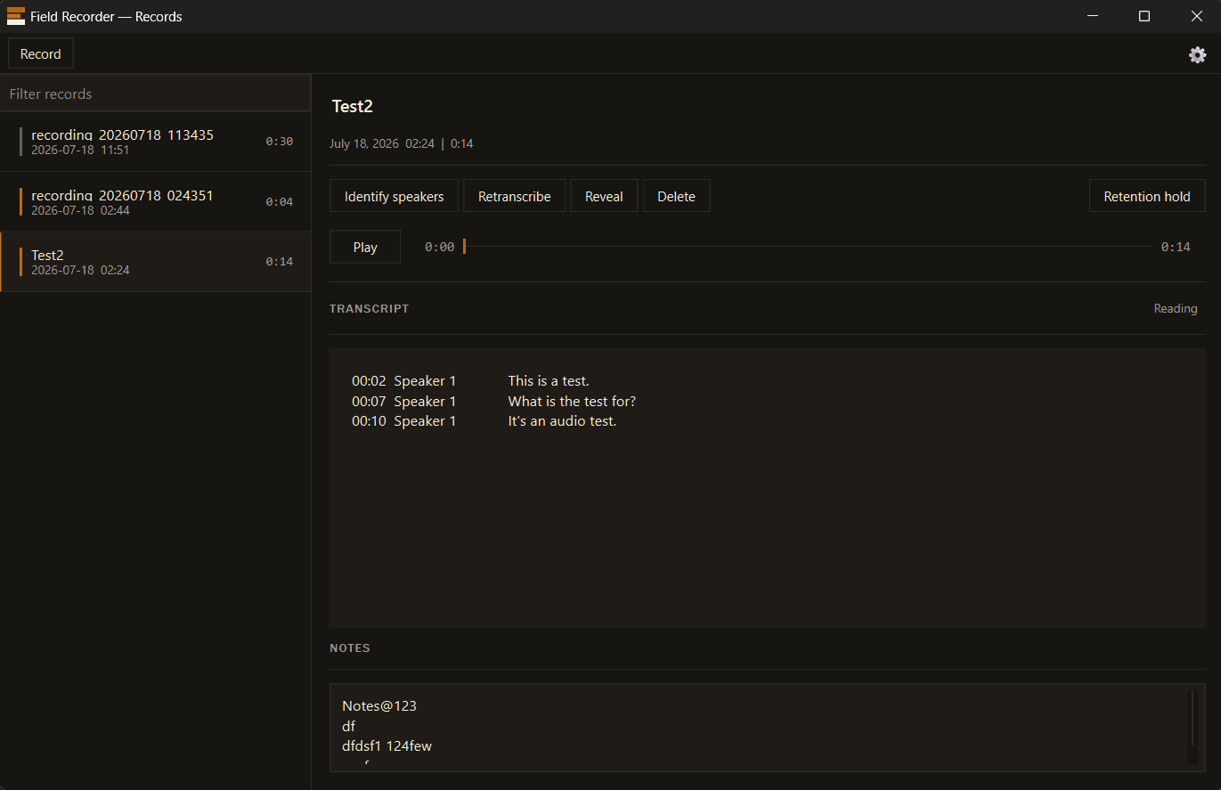 The Records window: record list, playback, speaker-attributed transcript.