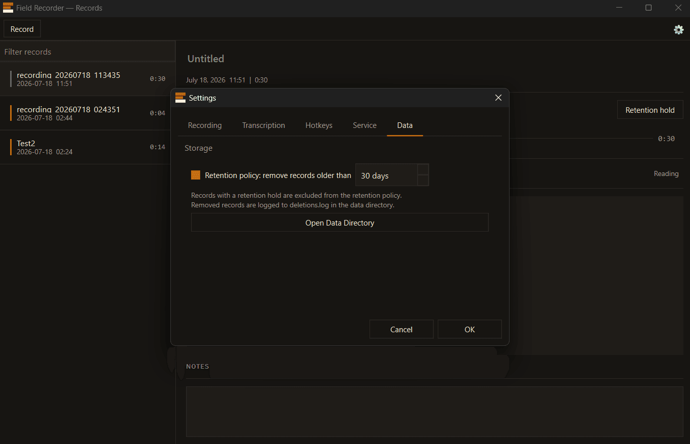 Settings: choosing on-device or off-device transcription, hotkeys, retention, and data location.